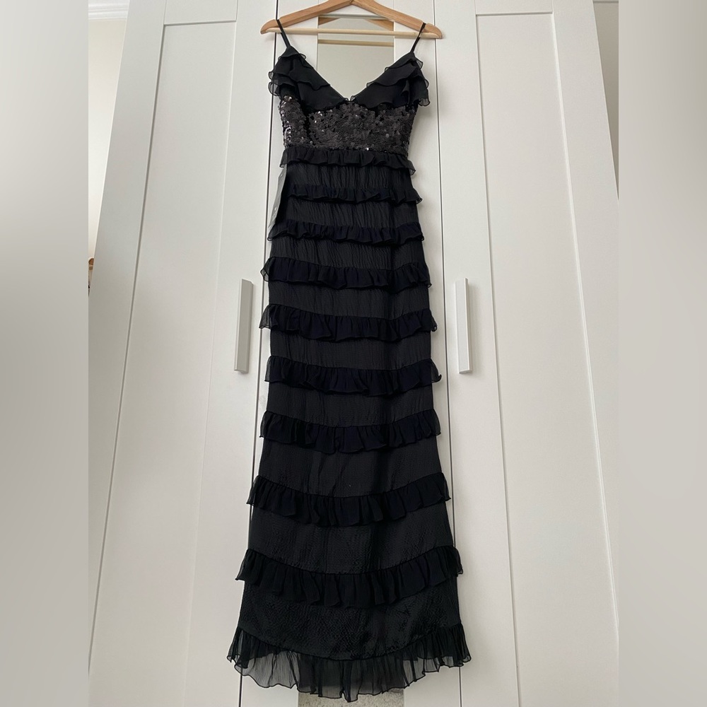 bebe 100% Silk & Sequin Black Maxi 1920s Style Dress/Gown, NWT, XS